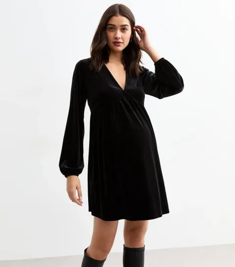 Women's Maternity Black Velvet V-Neck Mini Smock Dress