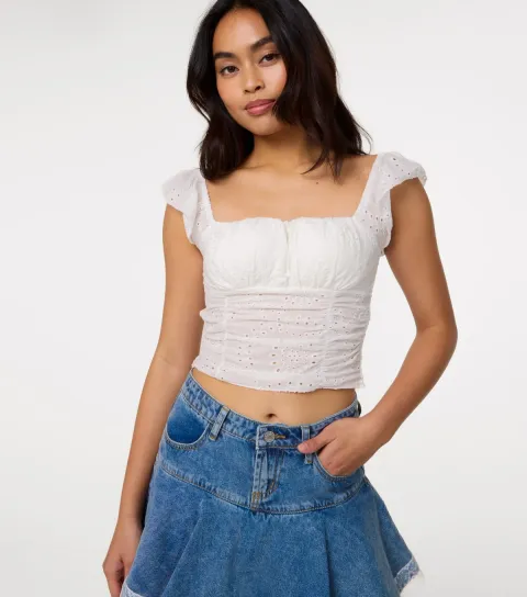 Women's White Broderie Frill Sleeve Top