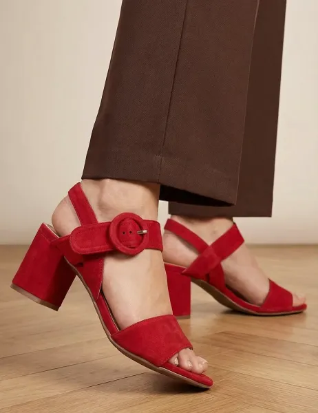 Jones Bootmaker Suede Buckle Ankle Strap Block Heel Sandals Red