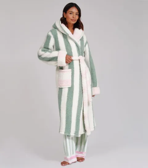 Loungeable Women's Green Borg Striped Hooded Dressing Gown