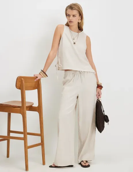 River Island Linen Rich Wide Leg Trousers Stone