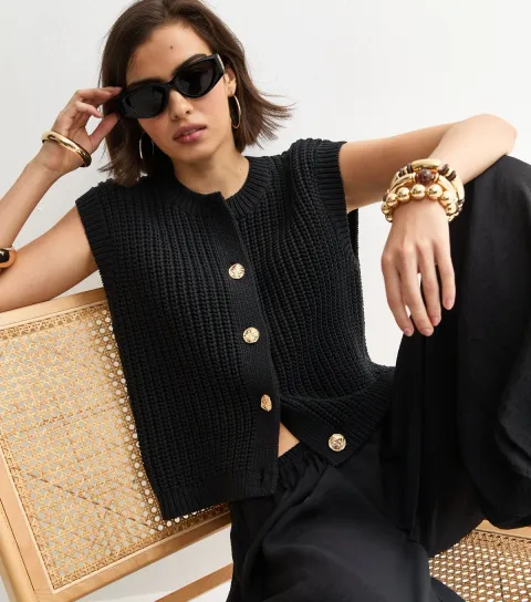 New Look Women's Black Hammered Button Cotton Rich Chunky Knit Waistcoat