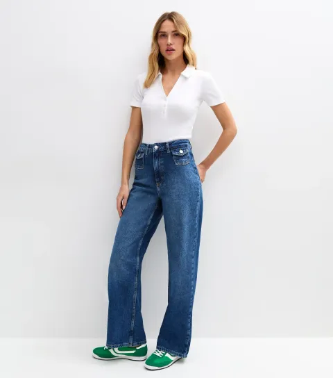 Women's Blue Buttoned Pocket Wide Leg Jeans