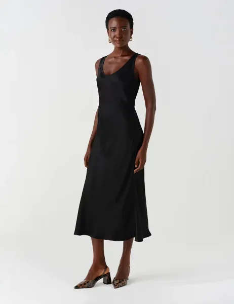 Ghost Satin V Neck Midaxi Cami Slip Dress Black