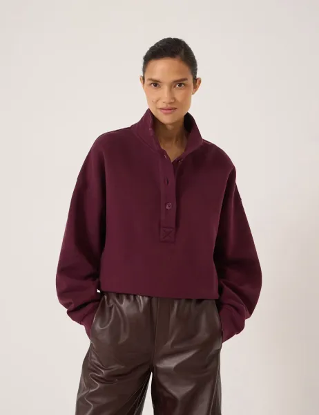 HUSH Pure Cotton Button Detail Sweatshirt Burgundy