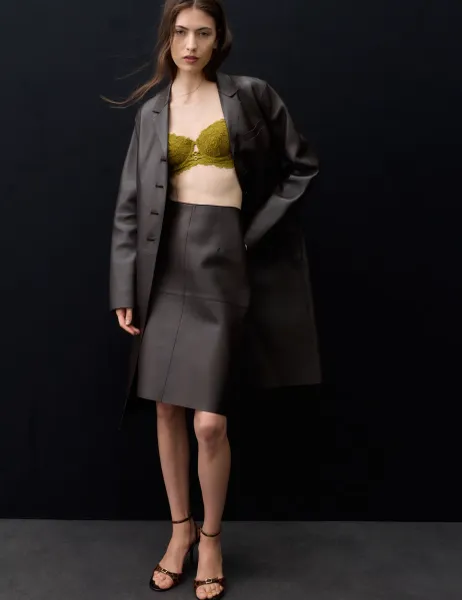 Autograph Pure Leather Knee Length Pencil Skirt Chocolate