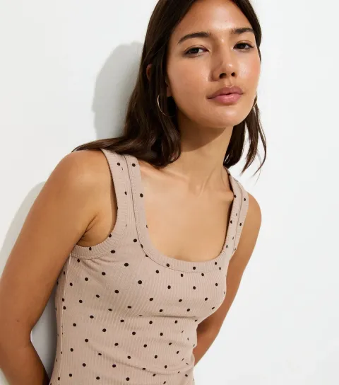 Women's Brown Ribbed Polka Dot Square Neck Vest Top