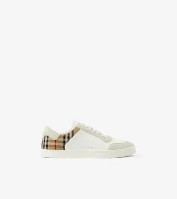 Leather, Suede and Check Sneakers in Natural white/archive beige