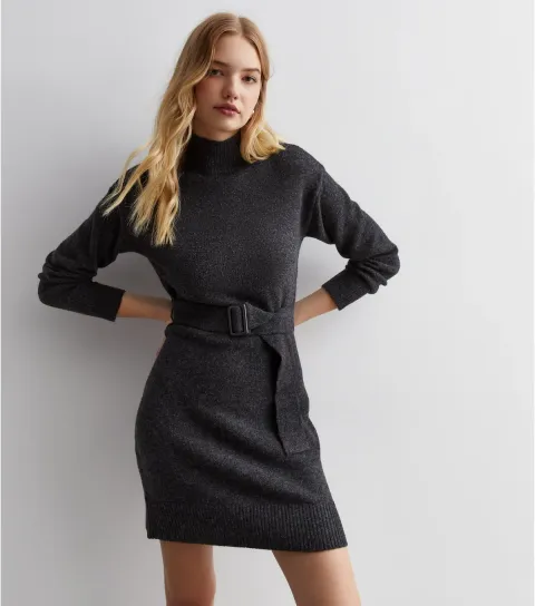 Women's Dark Grey High Neck Belted Mini Dress