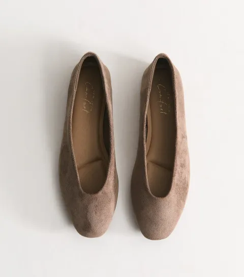 Women's Light Brown Faux Suede Almond Toe Ballerina Flats Vegan