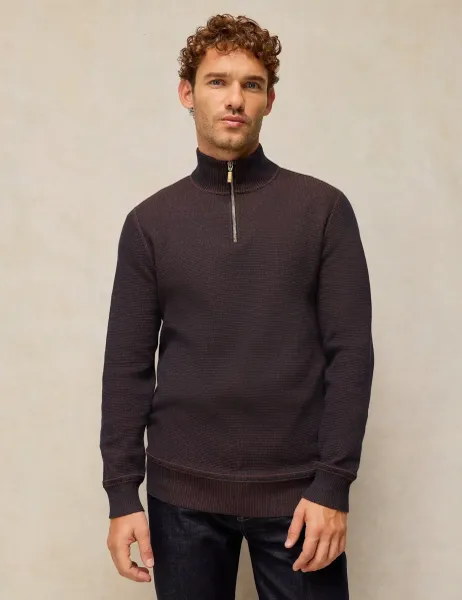 White Stuff Pure Cotton Half Zip Funnel Neck Jumper Brown