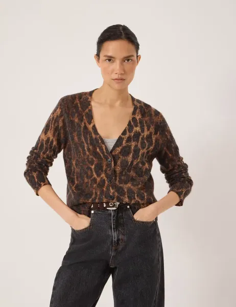 HUSH Alpaca Blend Animal Print V-Neck Cardigan Brown