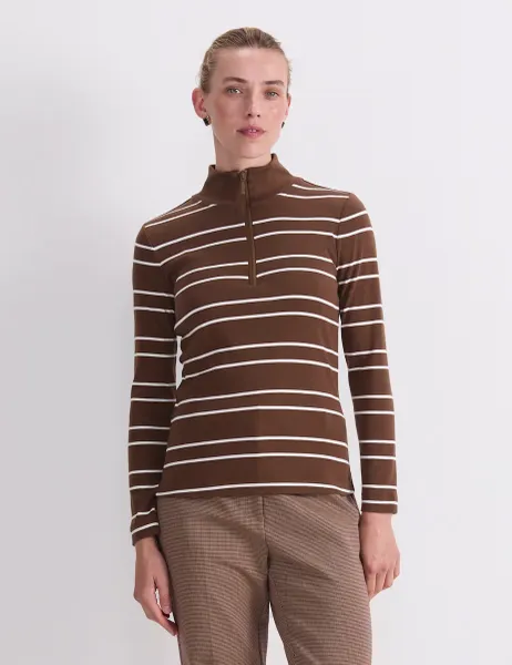 Sportscraft Pure Cotton Striped Funnel Neck Half Zip Top Brown Mix