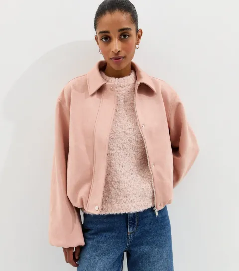 New Look Women's Light Pink Faux Suede Bubble Hem Jacket