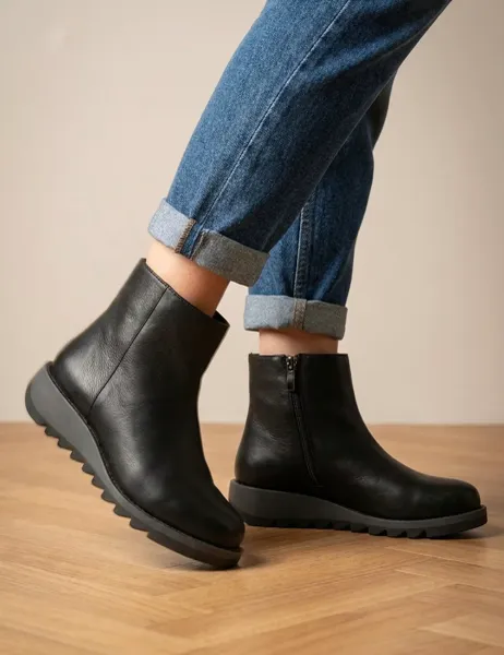 Jones Bootmaker Leather Chunky Wedge Ankle Boots Black