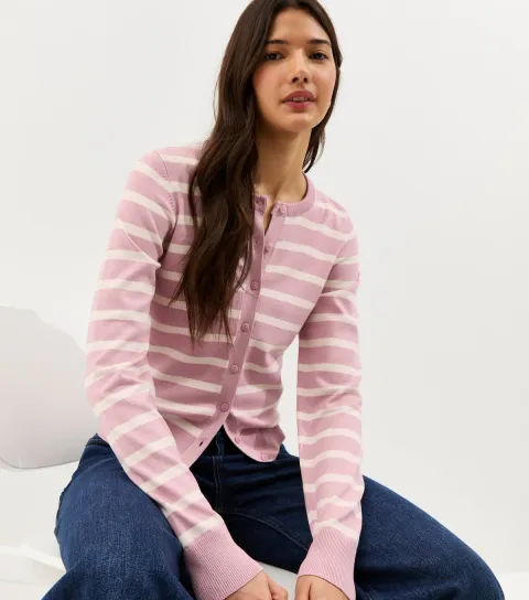 Women's Pink Lightweight Striped Crew Neck Cardigan