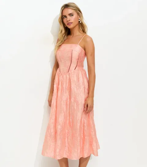 Women's Petite Light Coral Glitter Floral Jacquard Midi Dress