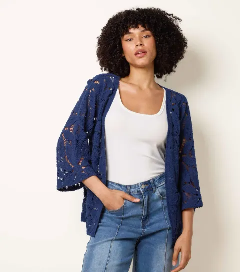Women's Navy Crochet Cropped Sleeve Jacket
