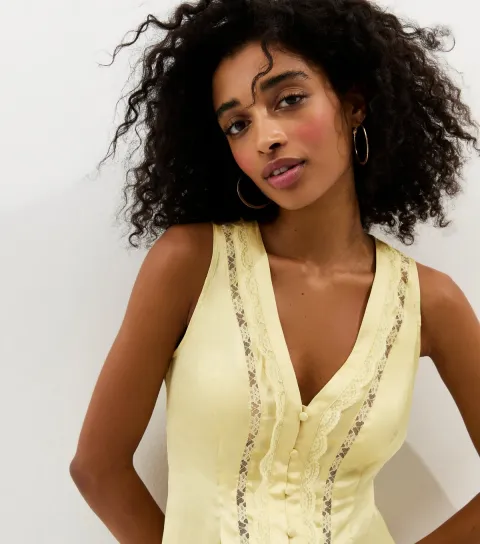 Women's Yellow Satin Lace Trim Top