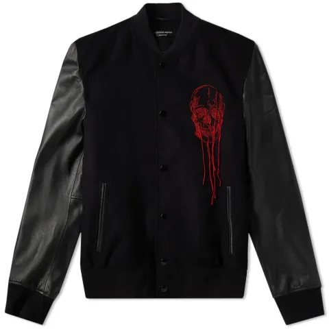 Leather Sleeve Skull Embroidered Bomber