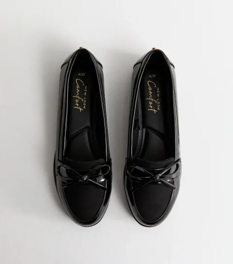 Women's Black Faux Patent Bow Applique Loafers Vegan