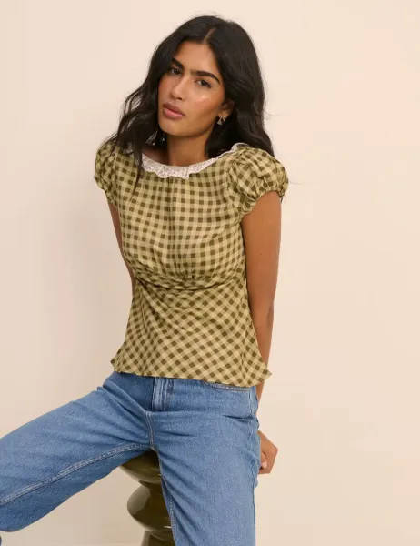 Nobody's Child Checked Lace Detail Top Green
