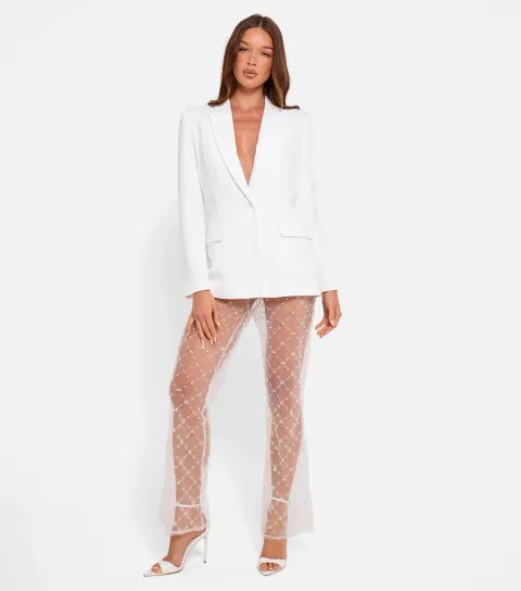 Women's White Sheer Embellished Flared Trousers