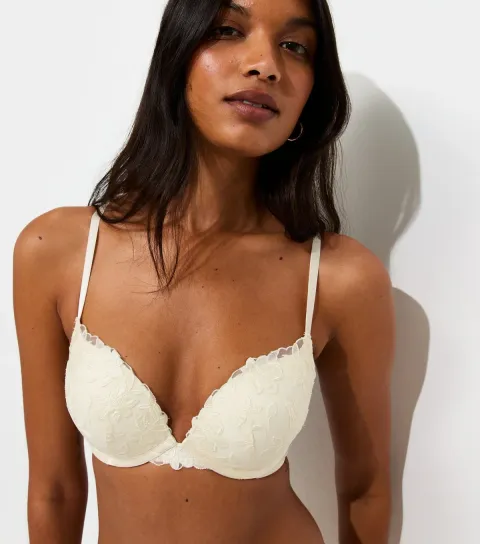 Women's Cream Floral Applique Lace Push Up Bra