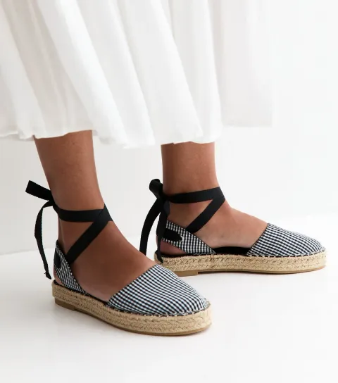 Women's Black Gingham Toe Tie Ankle Espadrilles Vegan