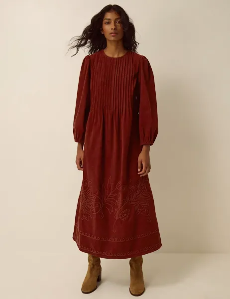 Monsoon Pure Cotton Cord Embroidered Smock Dress Brown Mix