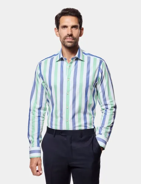 Hawes & Curtis Regular Fit Pure Cotton Striped Shirt Green Mix
