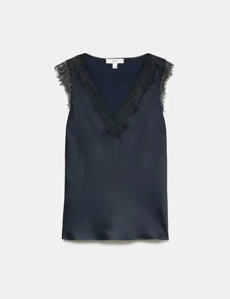 Marks & Spencer Satin V Neck Lace Insert Tie Detail Cami Top Navy Mix