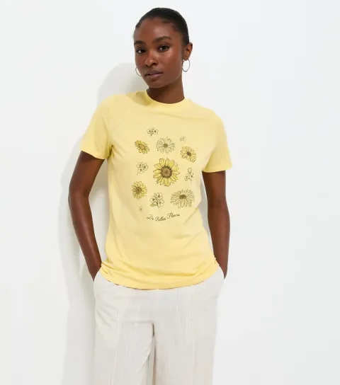 Women's Light Yellow Cotton Daisy Sunflower Relaxed T-Shirt