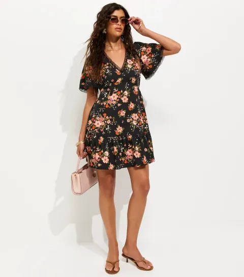 Women's Black Floral Lace Trim Mini Tea Dress