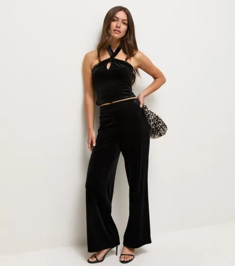 New Look Women's Petite Black Velvet Wide Leg Trousers