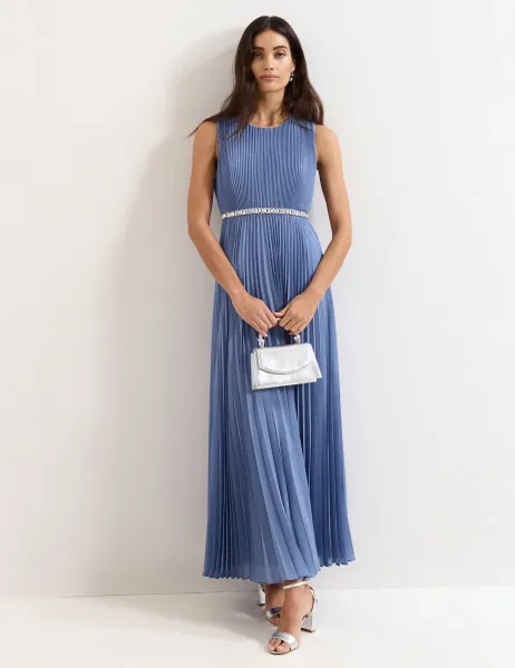 Round Neck Pleated Maxi Skater Dress Pale Blue