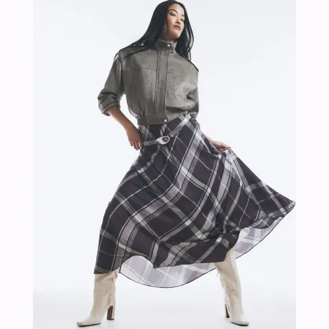 River Island Satin Check Print Midi Skirt