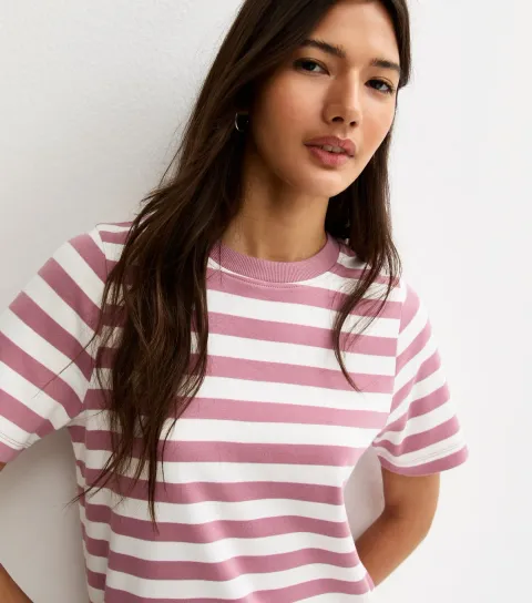Women's Premium Pink Heavyweight Cotton Striped T-Shirt
