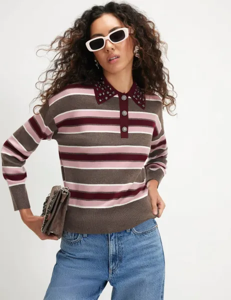 River Island Striped Embellished Polo Shirt Pink Mix