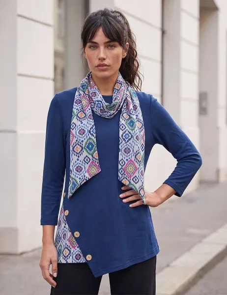 Roman Asymmetric Hem Scarf Detail Top Navy Mix