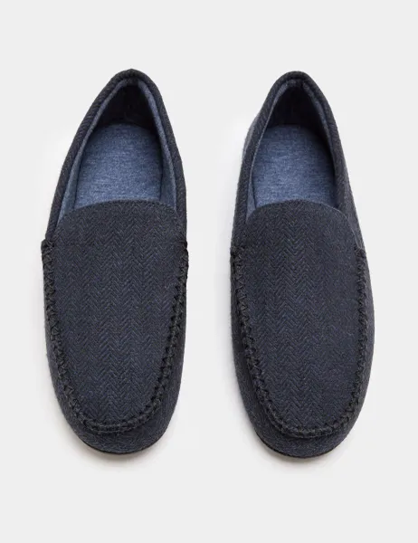 Marks & Spencer Herringbone Moccasin Slippers with Freshfeet Navy
