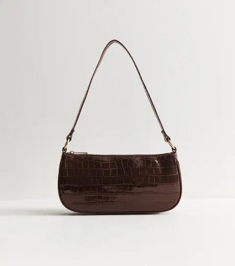 Dark Brown Patent Faux Leather Crocodile Embossed Shoulder Bag