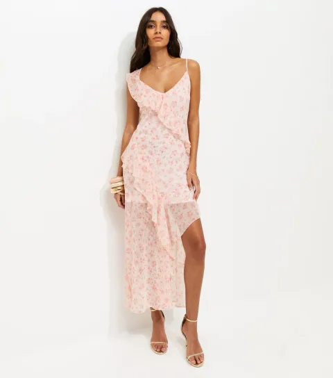 Women's Light Pink Floral Chiffon Ruffle Midi Dress