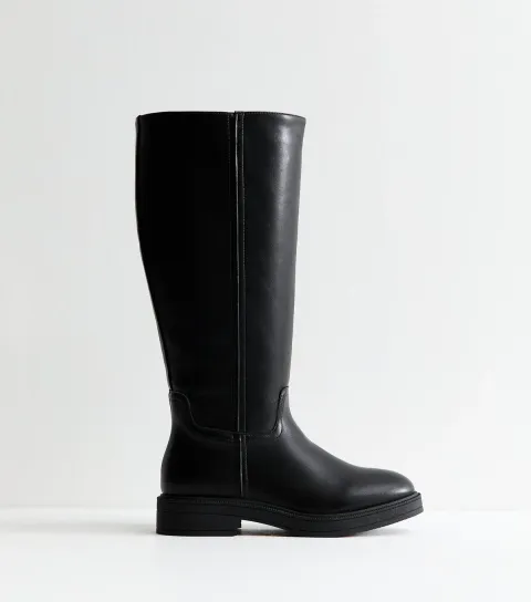 Women's Extra Calf Fit Black Faux Leather Riding Knee High Boots Vegan