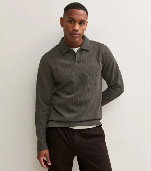 Men's Dark Khaki Textured Collared Polo Long Sleeve Top
