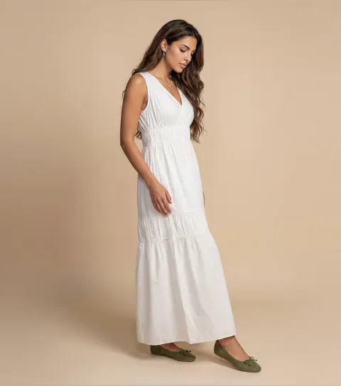 Women's White Cotton Poplin Ruched Maxi Dress