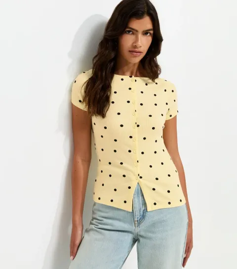 Women's Yellow Cotton Rich Spot Print Button Through Baby Tee T-Shirt