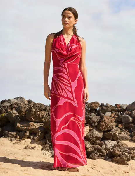 RO&ZO Floral Halter Neck Maxi Column Dress Red Mix