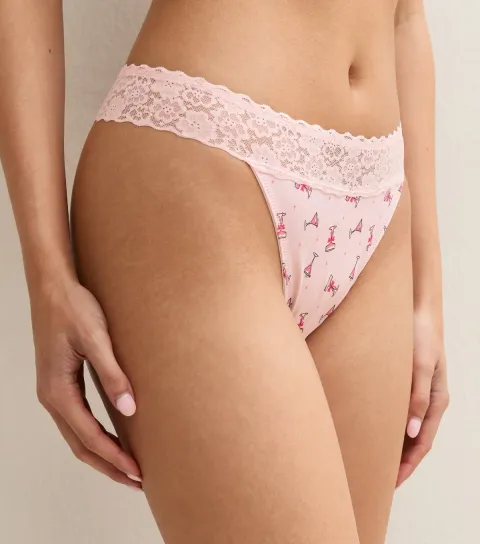 New Look Women's Pink Christmas Cocktail Print Lace Trim Thong