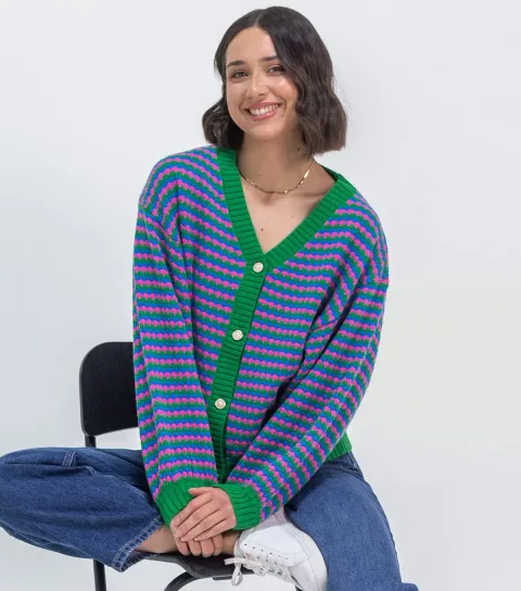 Women's Red Knitted Geometric Stripe Front Button Cardigan